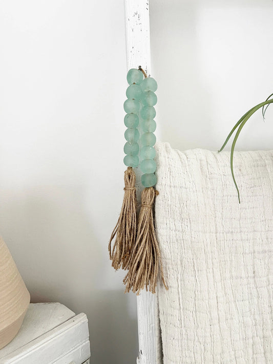 Glass Garland Aqua Blue Sea Glass: Jute Tassel Simply Styled Art
