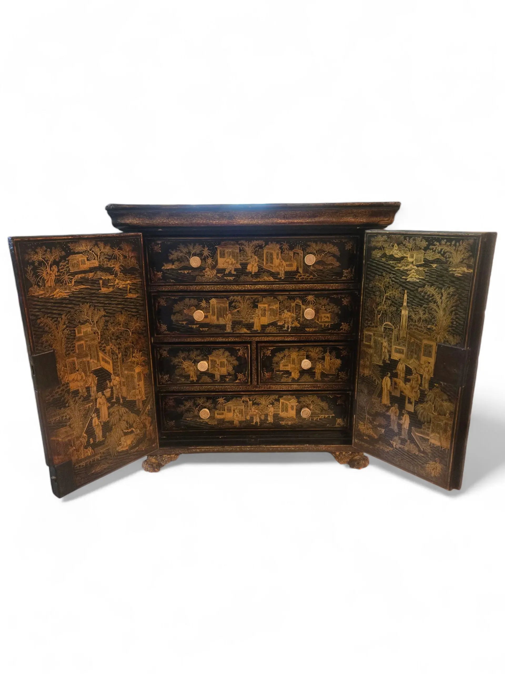 Antique Chinese Export Black + Gold Lacquer Table Cabinet Home Crush