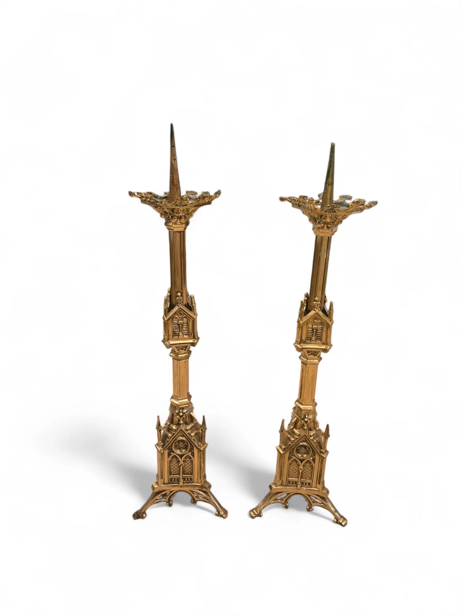 Pair of 19th-Century Gothic Revival Gilt Brass Altar Candlesticks Home Crush