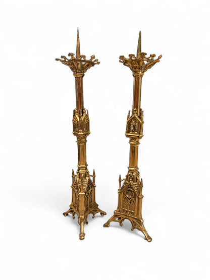 Pair of 19th-Century Gothic Revival Gilt Brass Altar Candlesticks Home Crush