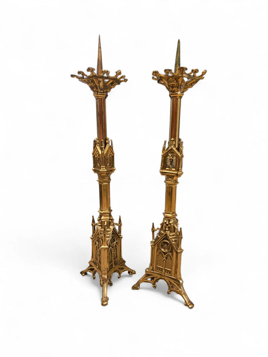 Pair of 19th-Century Gothic Revival Gilt Brass Altar Candlesticks Home Crush