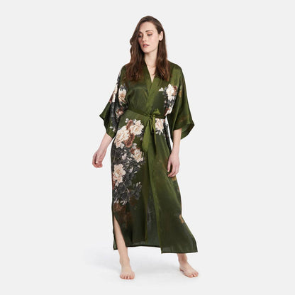Silk Keina Long Kimono Olive Robe