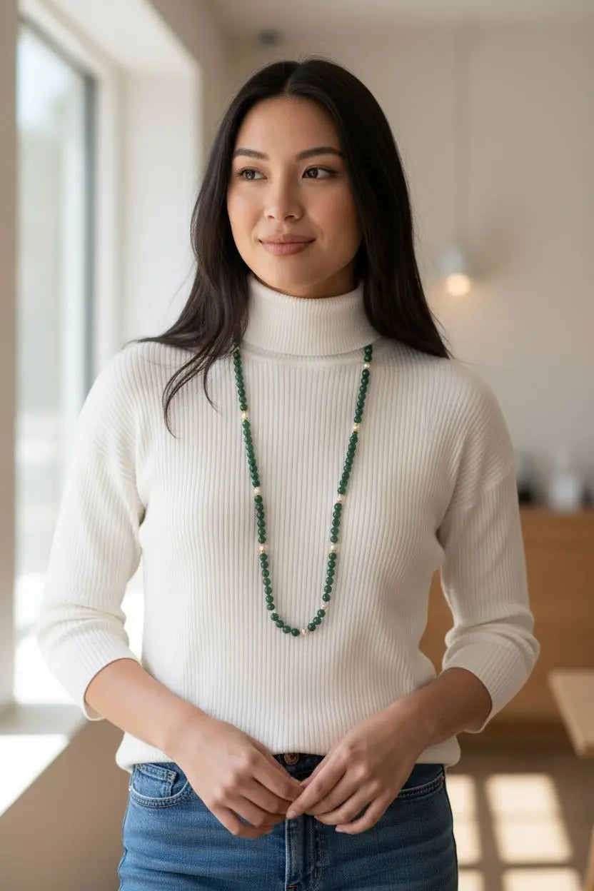 Vintage Malachite and Pearl Long Strand Necklace Home Crush