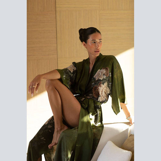 Silk Keina Long Kimono Olive Robe