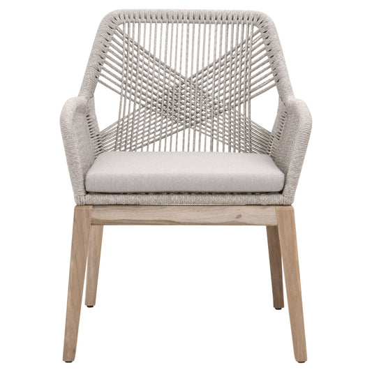 Loom Outdoor Arm Chair in Taupe & White Flat Rope, Pumice, Gray Teak
